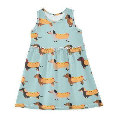 Aflyko Sleeveless Dress Dachshund Hot Dog Fun Blue Summer Party Dance Sundress for Little Girl Stretchy Dresses Beach Holiday Vacation Daily Casual Fun Dress 7-8T