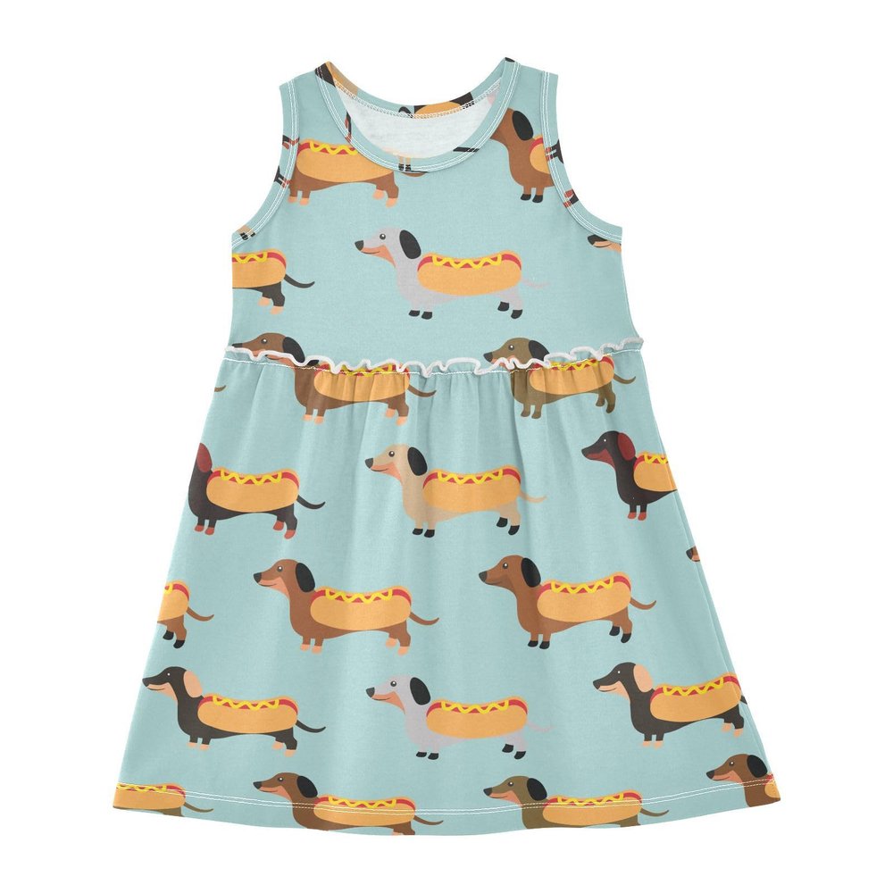 Aflyko Sleeveless Dress Dachshund Hot Dog Fun Blue Summer Party Dance Sundress for Little Girl Stretchy Dresses Beach Holiday Vacation Daily Casual Fun Dress 7-8T