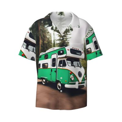 Happy Camper Green Men's Cotton Shirt Men's Short-Sleeved Shirt Button Casual Shirt Loose Top Holiday