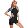 Women Floral Print One Piece Rash Guard Short Sleeves Swimsuits Swim Boyleg Athletic Bathing Suit Zipper Sun Protection Surf Rashguard Wetsuit Swimwear Sport Surfing Beachwear Black Leaves L view 4