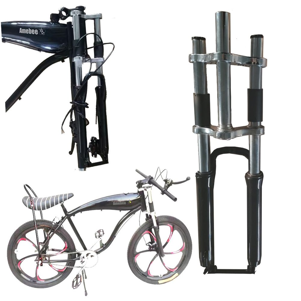 Triple Tree Bicycle Front Suspension Fork 26" and 1 1/8" Headset Combo Double Suspension Fork with Dual Shoulder for Gas Motorized Bike (Black & Silver, Bike Suspension Fork)