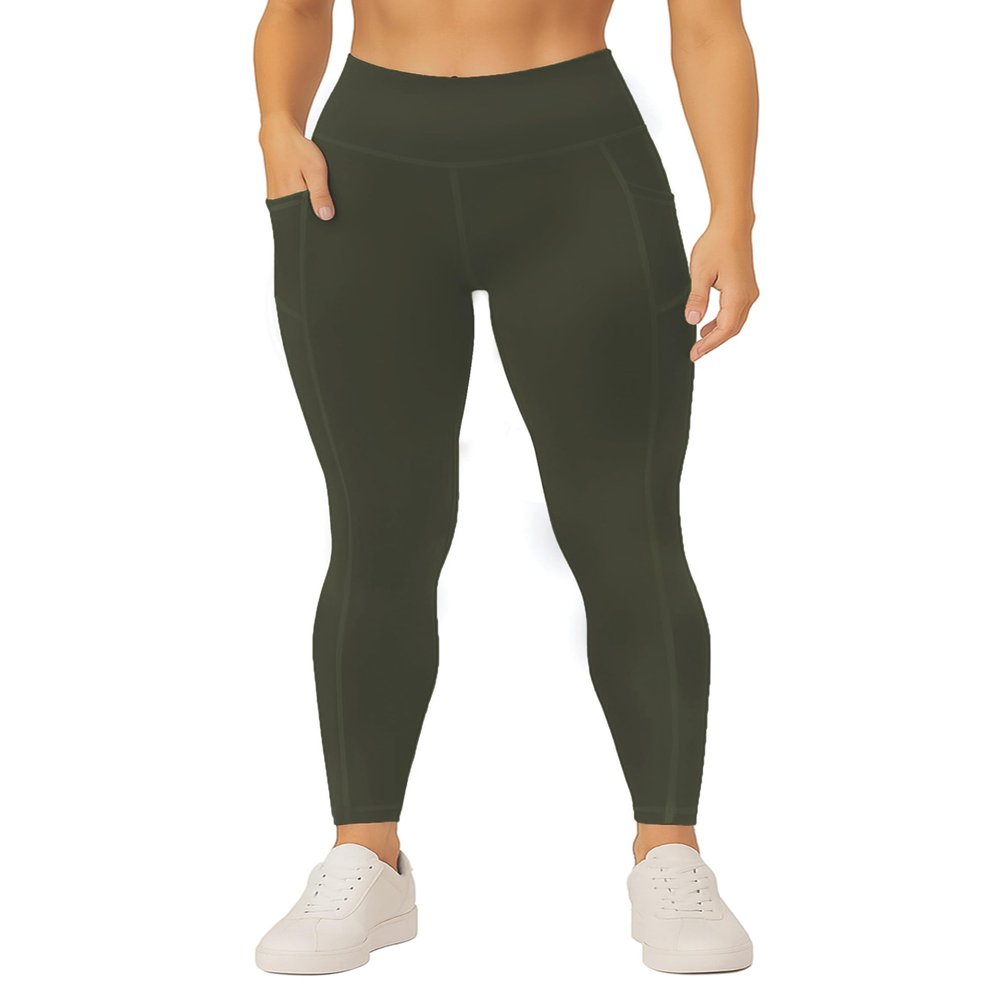 Conceited Gym Leggings for Women Plus Size - Tummy Control - High Waist - Pockets - Workout - Yoga -  - Army Green - 3X-Large