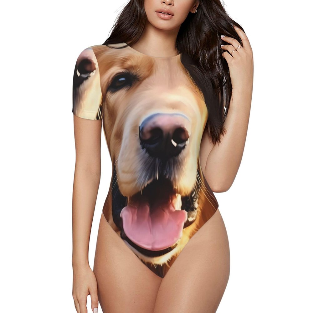 YYHWHJDE Women'S Tight Fit Onesie Large Soften Crew Neck Short Sleeves Adults Lovely Golden Retriever Dog Picture