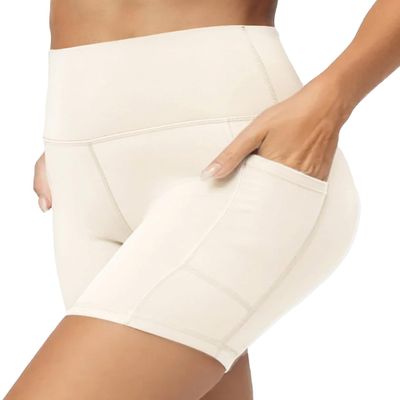 Conceited Biker Shorts Women Tummy Control - Pockets - Spandex - Workout - Yoga - Gym - Off White - Large