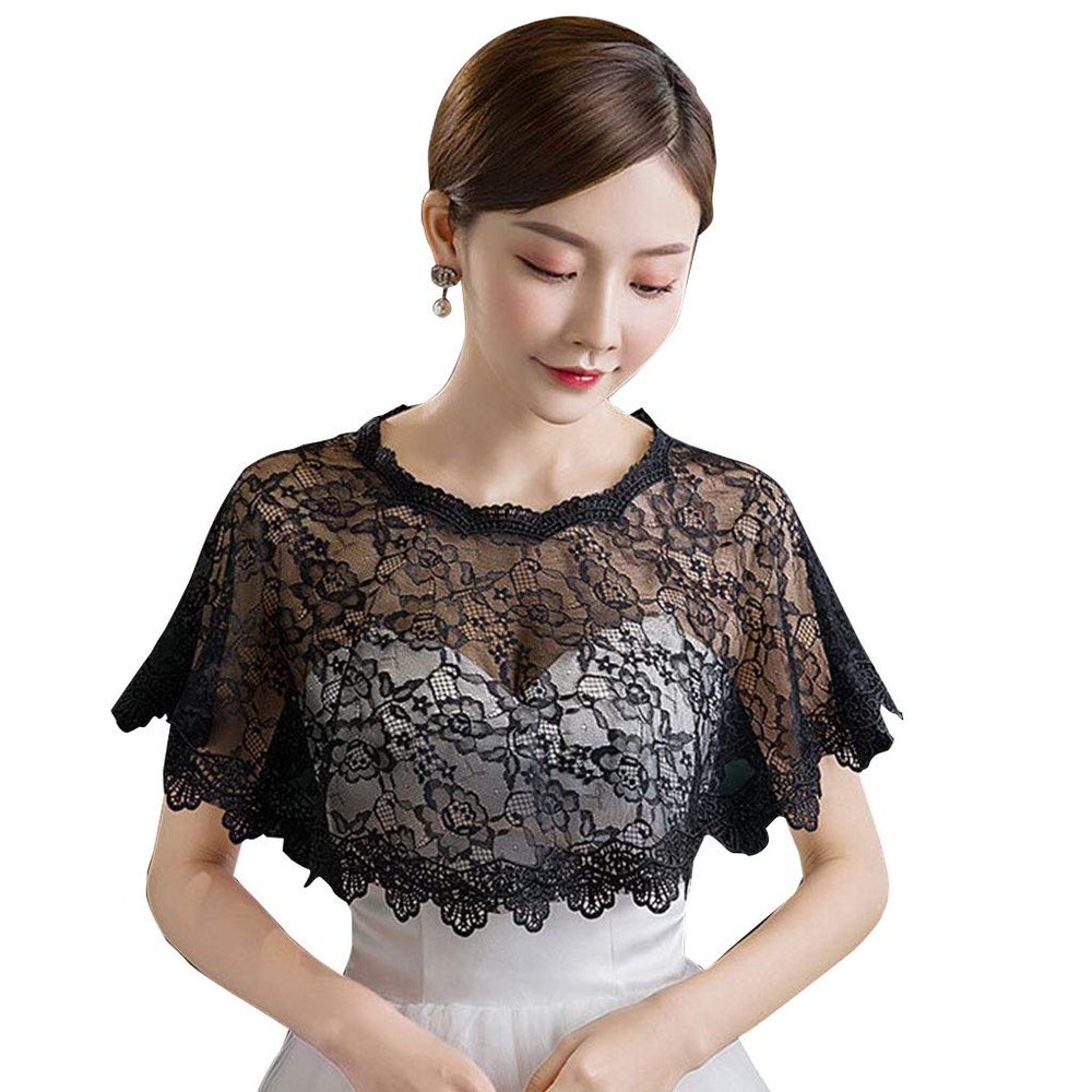 YS0911 Women Floral Lace Shawl Wrap Wedding Bridal Cover Up Tulle Shrug Cape Shawl Wraps For Women Warm, Black