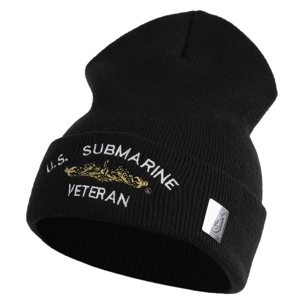 Golden Dolphin US Submarine Veteran Logo Embroidered 12 inch Cuffed Knit YP Long Beanie - Black OSFM