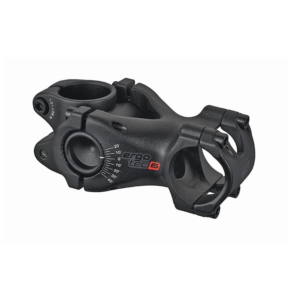 ergotec Swell RE Stem, 31.8mm Clamp, 28.6mm Fork Clamp, 45mm Clamp Height, 140mm Extension, -20 - +40 Angle, -45/0/80 Actual Height Gain, 130/140/110 Actual Length Gain, Safety Level 6, Black