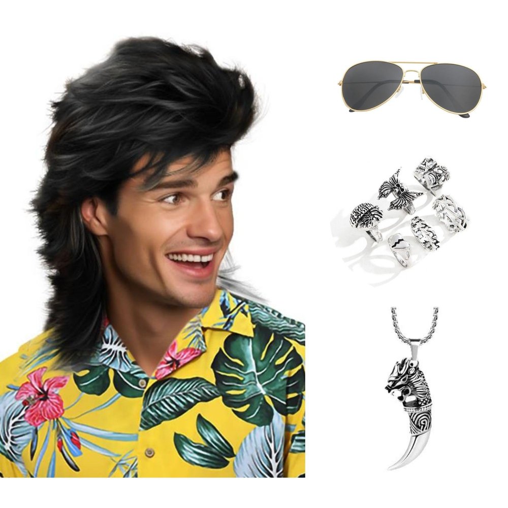Deifor Mullet Wigs Sets with Wolf Tooth Necklace and 6pcs Metal Punk Rocker Rings and Sunglasse for Men 80s Costumes Fancy Party Funny Heavy Metal Punk Rocker Disco Cosplay (Black)