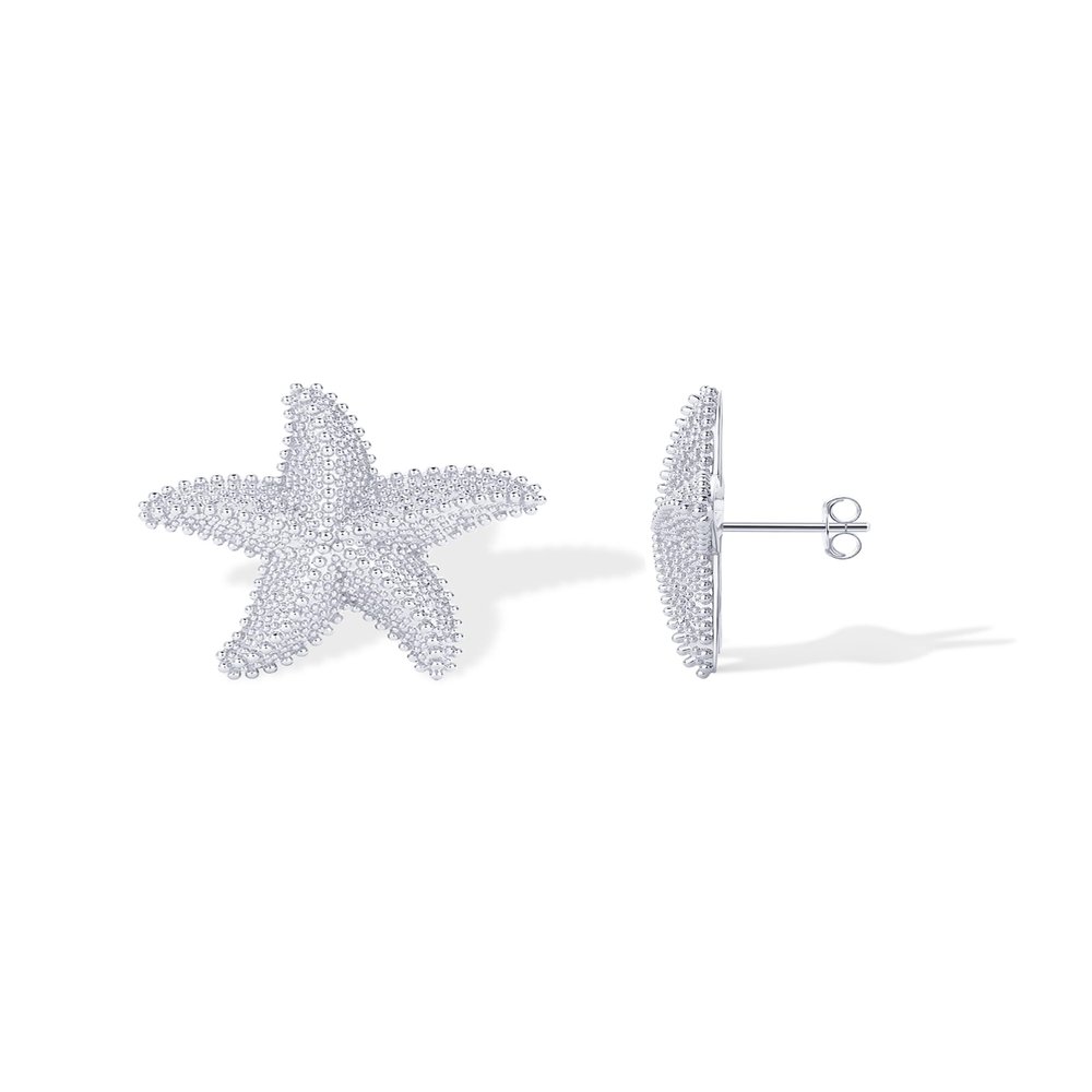 PAVOI Rhodium Plated 925 Sterling Silver Posts Starfish Statement Earrings for Women | Chunky Ocean Starfish Stud Earrings | Hypoallergenic Jewelry