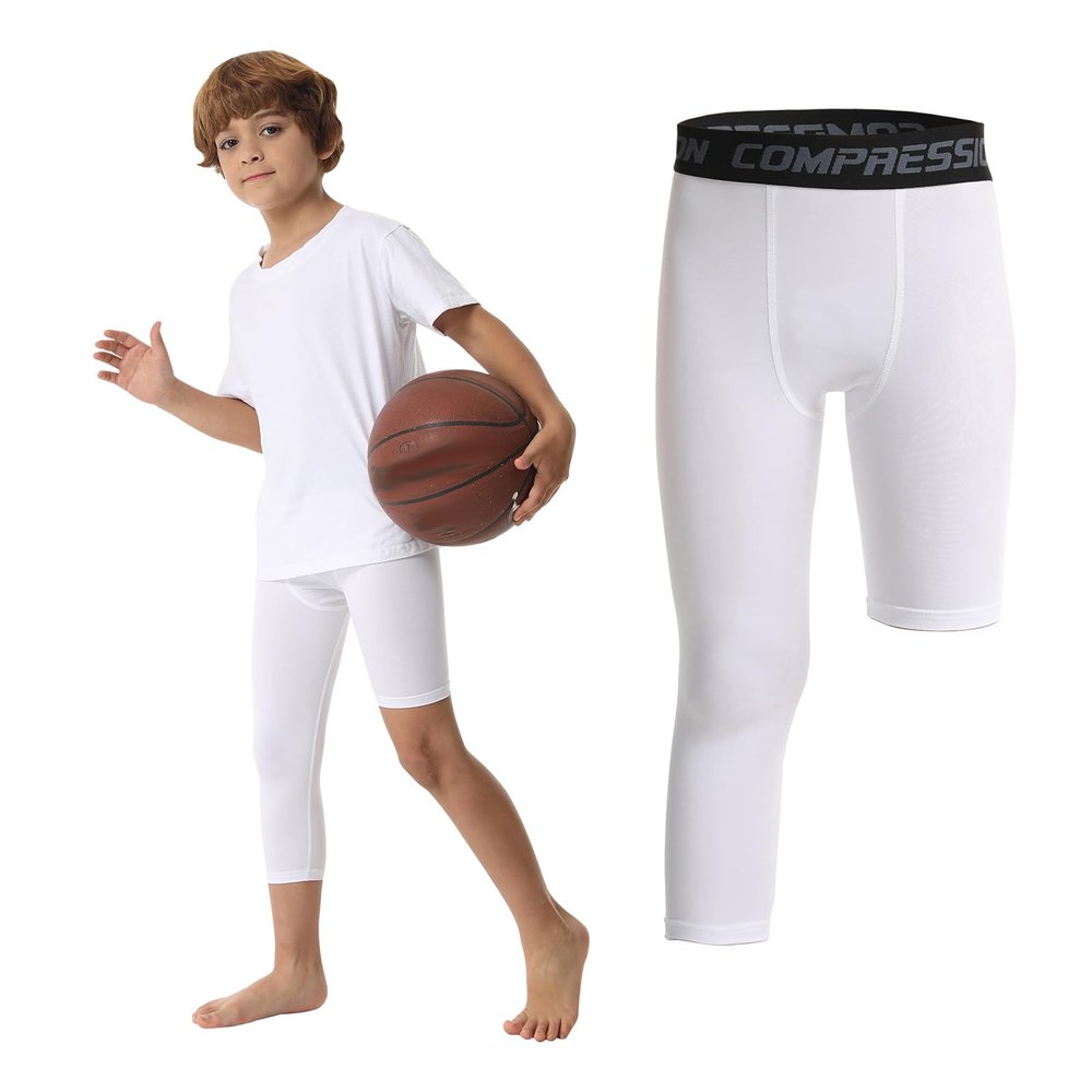 OEBLD Single Leg 3/4 Compression Tights, Unisex Sports Compression Pants, One Leg Basketball Leg Sleeves, X-Small, White-left-short