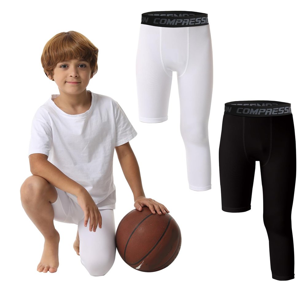 OEBLD Single Leg 3/4 Compression Tights, Unisex Sports Compression Pants, One Leg Basketball Leg Sleeves, Medium, White+black-right-short