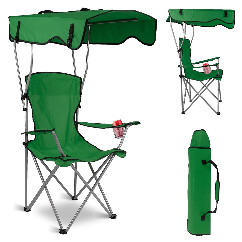 Zorpupoa Camping Chairs with Canopy Shade, Heavy Duty Sun Protection Lounge Chair with Cup Holder, Beach Lounge Chair, Folding Camp Chair for Outdoor Sports, Support 330 LBS, Green