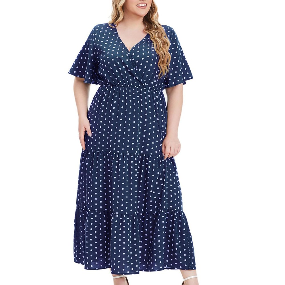 Akklian Womens Summer Dress V Neck Short Sleeve Midi Dress Floral Print Casual Flowy Tiered Long Dresse Beach Dress Plus Size