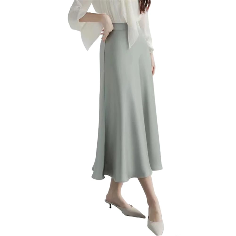 Women Solid Satin Skirts Waist Office Lady Elegant A-Line Casual Mermaid s2 Green8 S