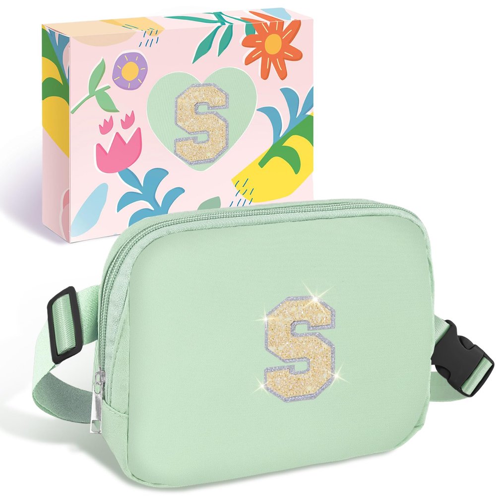 COSHAYSOO Green Belt Bag Crossbody Initial Fanny Waist Pack Small for Teenage Girls Women Traveling Must Have Cross Body Purse Preppy Monogrammed Birthday Christmas Gift Girly Stuff Letter S