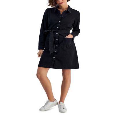 Style & Co. Womens Belted Denim Shirtdress Washed Black L