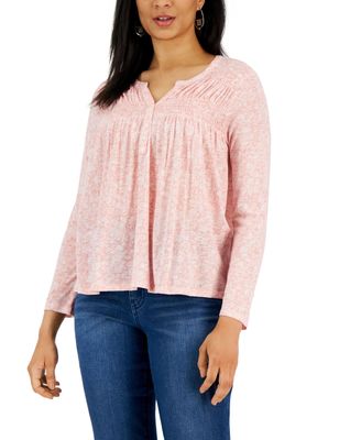 Style & Co. Petite Knit Smocked Long Sleeve Top Mango Beach PS