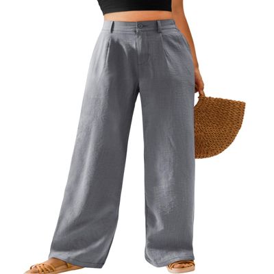 Feiersi Womens Casual Wide Leg Pants High Waisted Button Down Straight Long Trousers Palazzo Pants(Light Gray,X-Large)