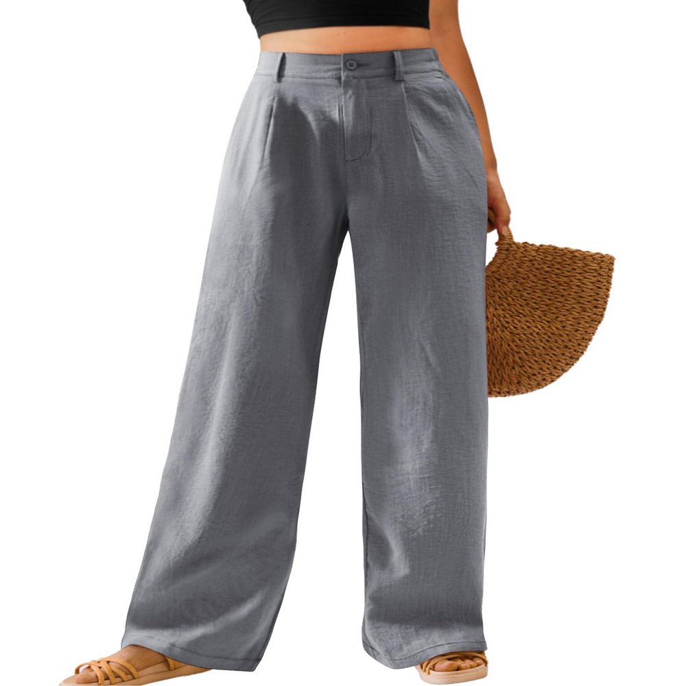 Feiersi Womens Casual Wide Leg Pants High Waisted Button Down Straight Long Trousers Palazzo Pants(Light Gray,X-Large)
