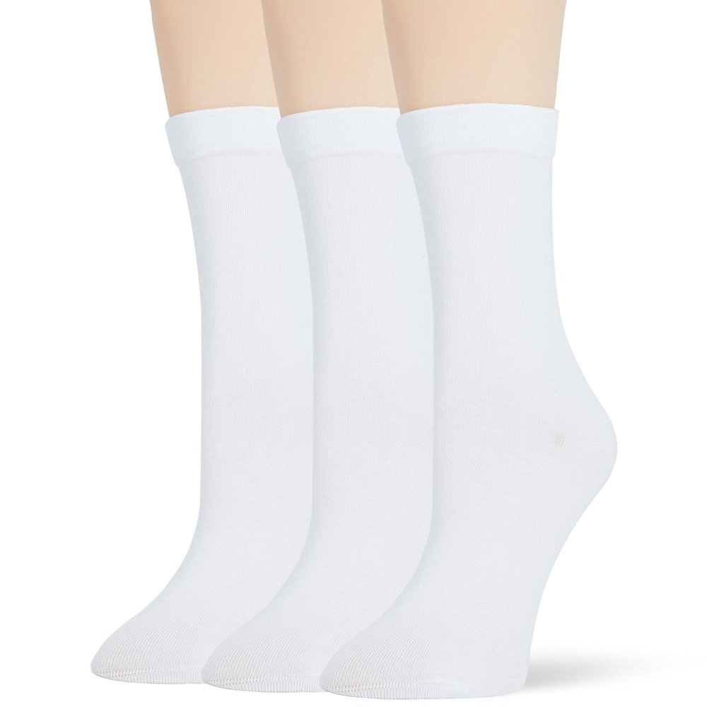 Bzoinien Thin Crew Socks for Women, Ladies Soft Cotton High Calf Boot Socks for Trouser, Dress, Loafer, Casual, Fashion, Business, Work, 3 Pairs, Size 5-11, White*3