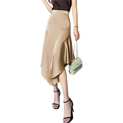 Elegant Waist Satin Long Skirts Women Irregular A-Line Mermaid Casual Ladies Summer Beach Skirt s3 Khaki S