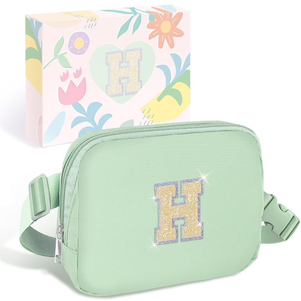 COSHAYSOO Green Belt Bag Crossbody Initial Fanny Waist Pack Small Cross Body Purse for Teen Flower Girl Bridesmaid Maid of Honor Personalized Birthday Christmas Gifts for Wedding from Bride Letter H