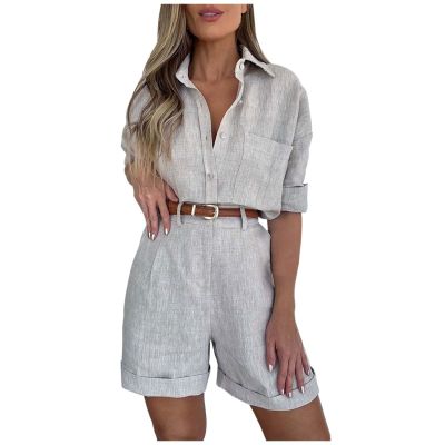NineFit Basics Solid Color Women's Casual Suit Long Sleeve Button Down Shirt with Matching Belted Shorts Set Plus Swim (Grey, S), Small