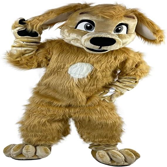 Plush Brown Dog Mascot Costume in Blue Shirt Adult Size for Men & Women with Built-in Fan Inside the Head
