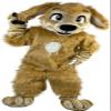 Plush Brown Dog Mascot Costume in Blue Shirt Adult Size for Men & Women with Built-in Fan Inside the Head view 1