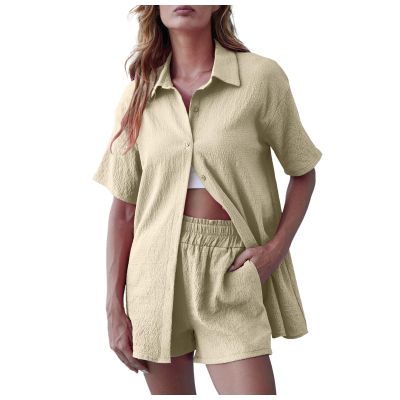 Women's Casual Shorts Short Sleeve Tops Shirt Button Cardigan Casual Suit Halter Top Bathing Suits for Women (Khaki, M)