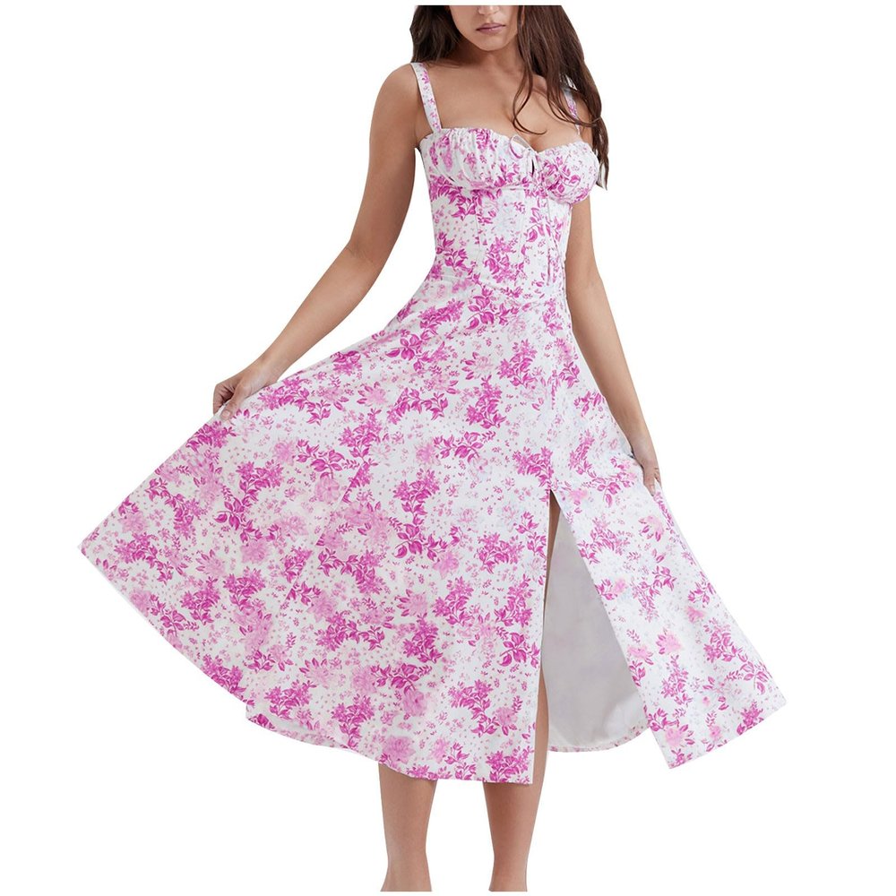 Akklian Sweetheart Summer Dresses for Women Floral Dress Side Slit Boho Spaghetti Strap High Waist Slim Low Cut Beach Dress Hot Pink