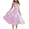 Akklian Sweetheart Summer Dresses for Women Floral Dress Side Slit Boho Spaghetti Strap High Waist Slim Low Cut Beach Dress Hot Pink view 1