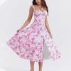 Akklian Sweetheart Summer Dresses for Women Floral Dress Side Slit Boho Spaghetti Strap High Waist Slim Low Cut Beach Dress Hot Pink view 2