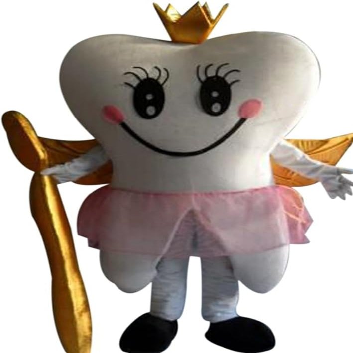 Queen Tooth Mascot Costume in Pink Dress Adult Size for Men & Women with Built-in Fan Inside the Head