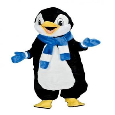 Cute Penguin Mascot Costume with Blue Scarf Adult Size for Men & Women with Built-in Fan Inside the Head