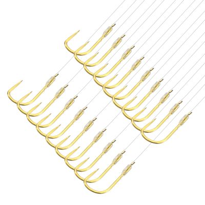 PATIKIL 1# Small Fishing Hooks with 36cm Line, 20Pcs 0.3x0.14 Inch Double Hook Rigs Fishing Hook on Nylon Line for Freshwater, Gold Tone