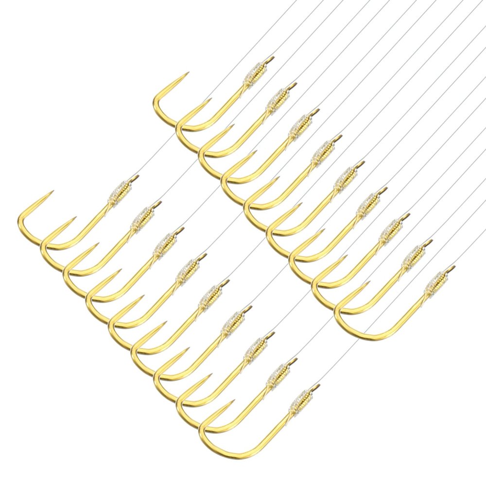 PATIKIL 1# Small Fishing Hooks with 36cm Line, 20Pcs 0.3x0.14 Inch Double Hook Rigs Fishing Hook on Nylon Line for Freshwater, Gold Tone