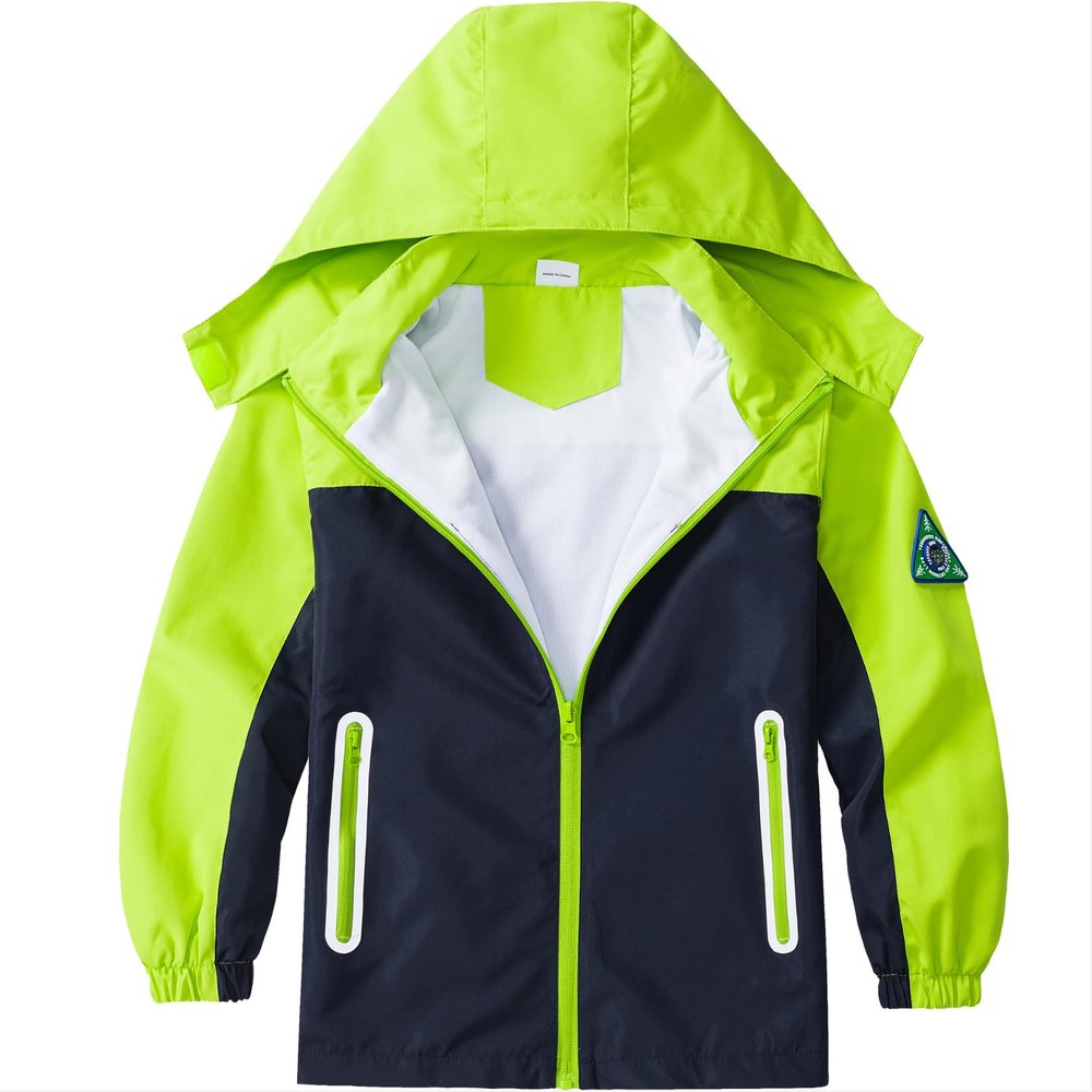 IjnUhb Kids Rain Jacket Waterproof Raincoat with Removable Hood for Boys Girls Green+Black Patchwork 2/3