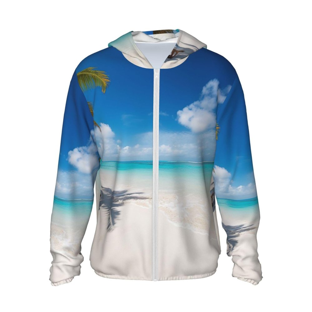 White Beach Tropical sea Sun Protection Hoodie Women Men Jacket UPF 50+ Long Sleeve Sun Shirt Full Zip Rash Guard