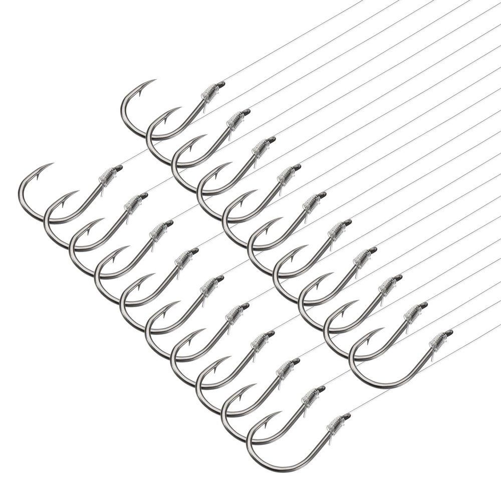 PATIKIL 9# Small Fishing Hooks with 36cm Line, 20Pcs 0.61x0.37 Inch Double Hook Rigs with Barbs Fishing Hook on Nylon Line for Freshwater, Silver Tone