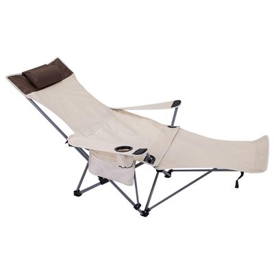2 Pcs Folding Beach Chair Lounger with Foot Rest 4-Level Adjustable Portable Recliner Chairs Foldable Camping Chair with Pillow Cup Holder and Side Pocket for Outdoor, White