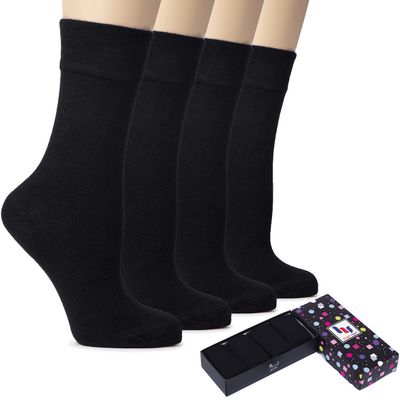 Hugh Ugoli Women's Cotton Dress Socks for Business and Trouser & Thin Crew Socks, Seamless Toe, 4 Pairs with Luxury Gift Box, Black, Shoe Size: 5-8