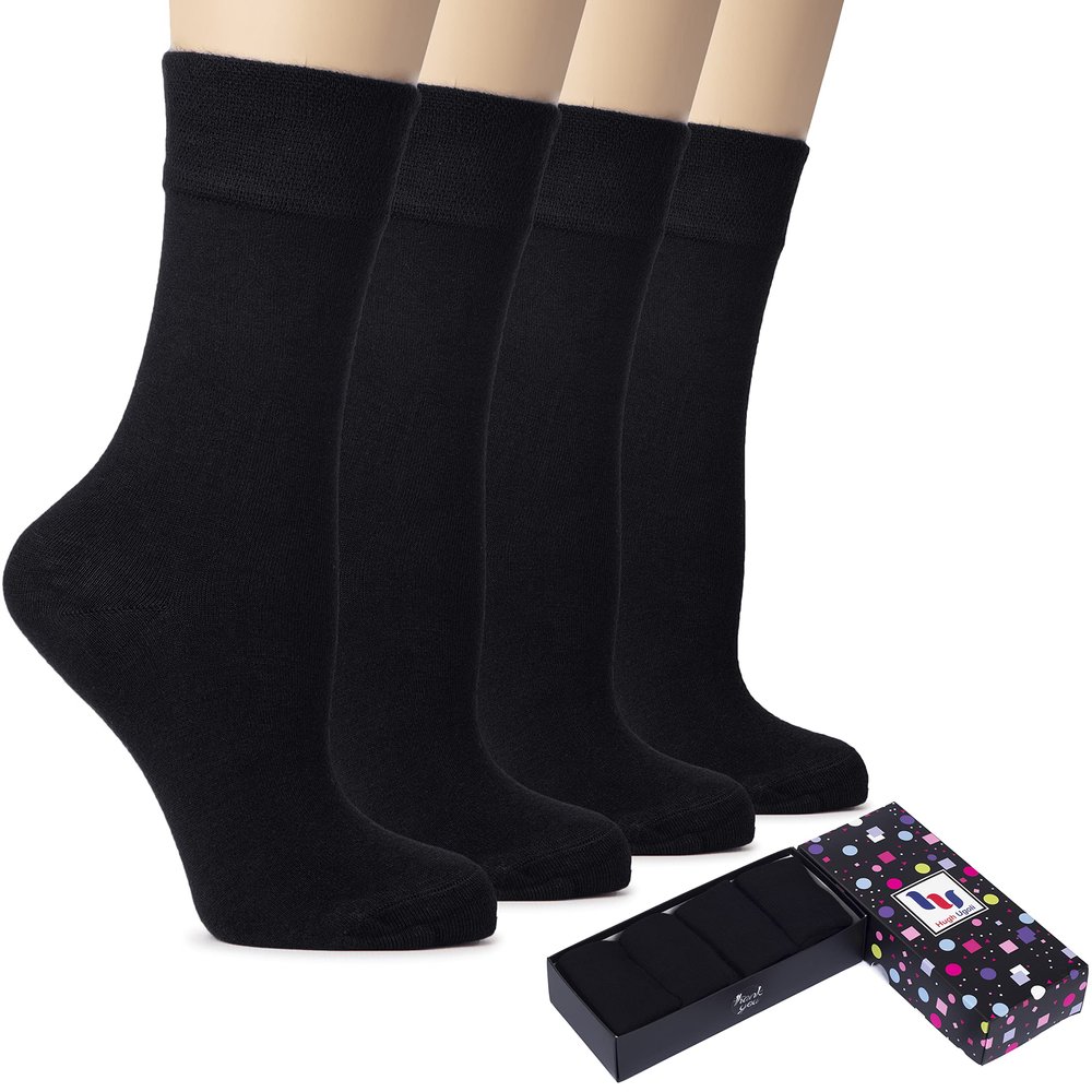 Hugh Ugoli Women's Cotton Dress Socks for Business and Trouser & Thin Crew Socks, Seamless Toe, 4 Pairs with Luxury Gift Box, Black, Shoe Size: 5-8