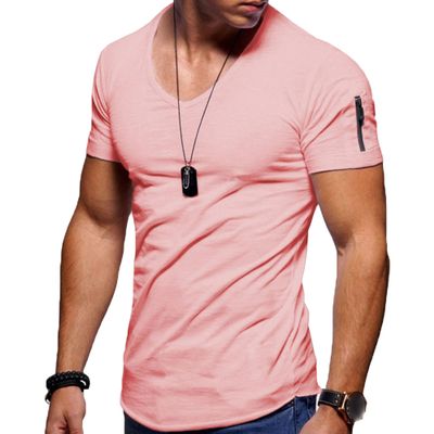 NineFit Basics Men Short Sleeve Athletic Shirts Muscle Slim Fit Cotton V Neck Pullover Tops Lightweight Stretch Workout T-Shirt (5X-Large,Pink)