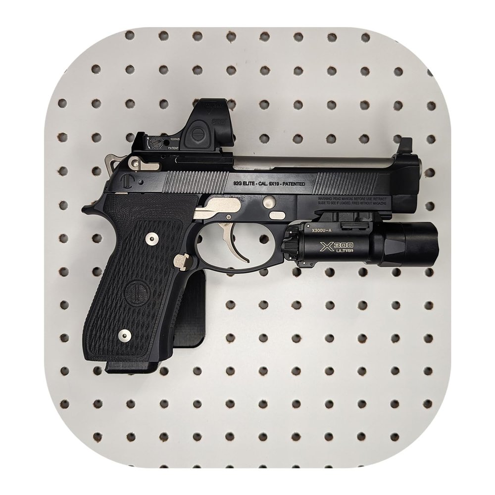 Hammy3DPrints Mount for Beretta M9 / 92 - Pegboard/Skadis/etc. | Pistol Holder Storage Rack (Facing Left, Non-Metal Pegboard)