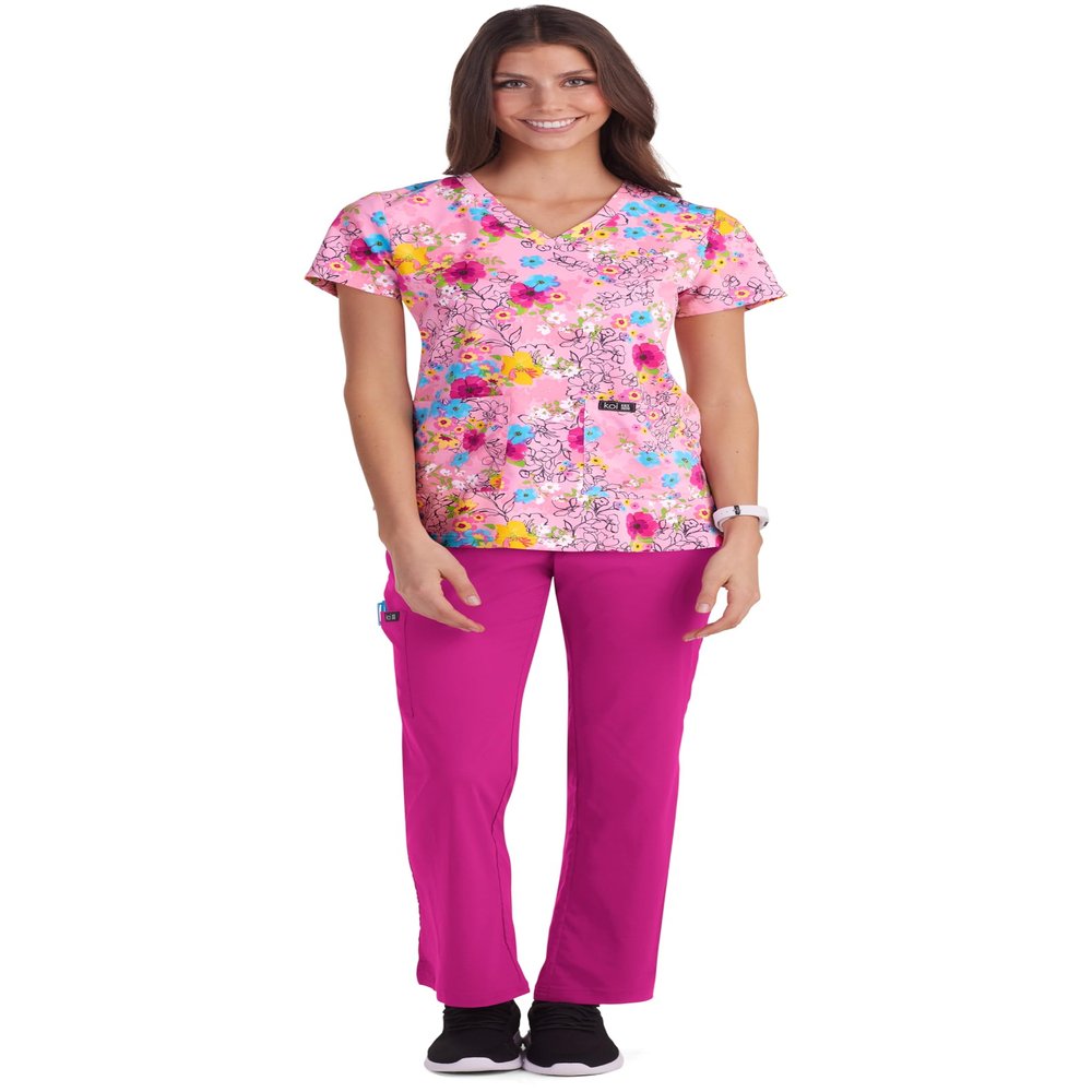 KOI Basics Leslie Women's 2-Pocket Stretch Print Top Twilight Camellia 5X