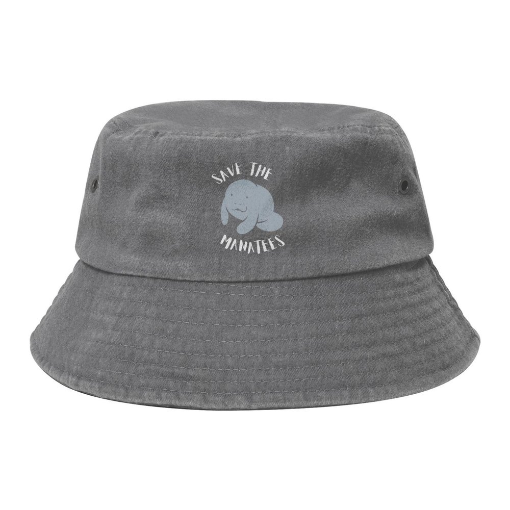 Wxenaiedk Save The Manatees Bucket Hats Summer Fisherman Cap Demin Hat for Women Men Gray