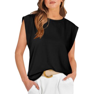 FKAEZZFR Round Neck Loose Short Sleeve t-Shirt Striped top Women's Tank top Black, Large