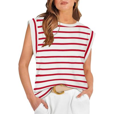 FKAEZZFR Round Neck Loose Short Sleeve t-Shirt Striped top Women's Tank top Red Stripes, Small