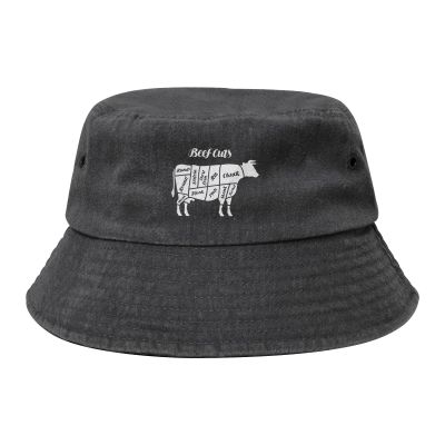 KLIUXBF Beef Cuts Animal Silhouette Cow Washed Denim Hat Vintage Fishing Cap Bucket Hats Summer Sunhat Men Women Tops